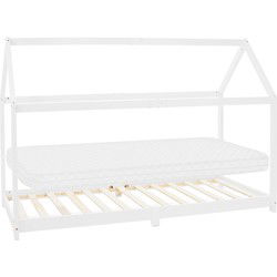 Kinderbed huisbed 90x200 cm wit gemaakt van grenenhout incl. matras H-10cm houten bed met dak en lattenbodem ML design