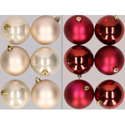 12x stuks kunststof kerstballen mix van champagne en donkerrood 8 cm - Kerstbal