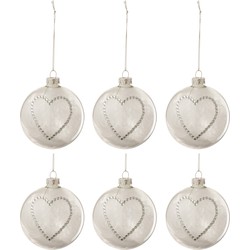 J-line - Doos Van 6 Kerstballen Hart Strass Zilver Pluim Wit Glas Klaar Small - 8x8x8cm