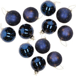 G. Wurm Kerstballen - 12x st - blauw - D6 cm - glas - gedecoreerd - Kerstbal