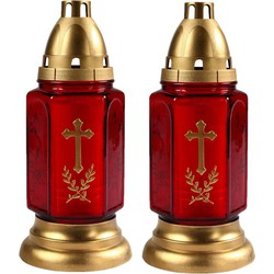 2x stuks grafkaarsen/gedenklichten met deksel rood/goud 11 x 24 cm 3 dagen brandtijd - buitenkaarsen