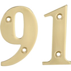 AMIG Huisnummer 91 - massief messing - 10cm - incl. bijpassende schroeven - gepolijst - goudkleur - Huisnummers