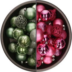 74x stuks kunststof kerstballen mix van salie groen en fuchsia roze 6 cm - Kerstbal