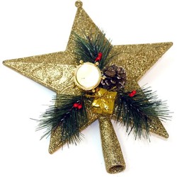 Kunststof kerstboom ster piek goud 21 cm - Kerstpieken met decoratie - kerstboompieken