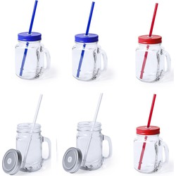 6x stuks drink potjes van glas Mason Jar zilver/blauw/rood 500 ml - Drinkbekers