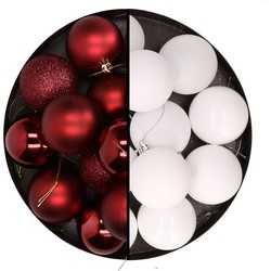 24x stuks kunststof kerstballen mix van donkerrood en wit 6 cm - Kerstbal
