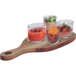 Serveerplank acacia met 4x luxe hapjes/saus/tapas glazen schaaltjes - Serveerplanken