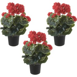 Set van 3x stuks rode geranium Pelargonium Graveolens kunstplanten in zwarte kunststof pot 35 cm - Kunstplanten
