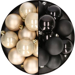 24x stuks kunststof kerstballen mix van champagne en zwart 6 cm - Kerstbal