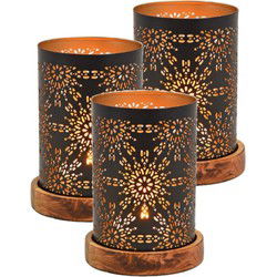 Windlicht/kaarsenhouder Marrakesh - 3x - zwart/goud - 10 x 18 cm - Waxinelichtjeshouders