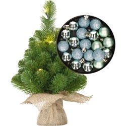 Mini kerstboom/kunstboom met verlichting 45 cm en inclusief kerstballen mintgroen - Kunstkerstboom