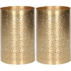 2x stuks metalen theelichthouders/windlichtjes goud type 2 D10 x H15 cm - Windlichten