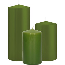 Stompkaarsen set van 3x stuks olijfgroen 12-15-20 cm - Stompkaarsen
