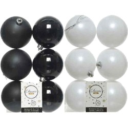24x stuks kunststof kerstballen zwart en wit 8 cm - Kerstbal
