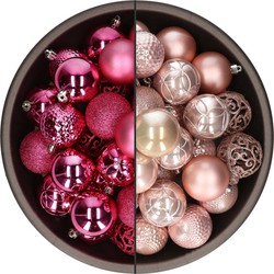 74x stuks kunststof kerstballen mix van fuchsia roze en lichtroze 6 cm - Kerstbal