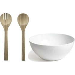 Plastic Forte Slakom/schaal met bamboe slacouvert - Kunststof - D26 cm - Saladeschalen