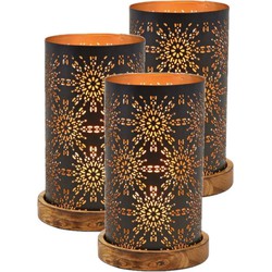 Set van 3x stuks metalen design windlicht/kaarsenhouder zwart/goud 13 x 22 cm - Waxinelichtjeshouders