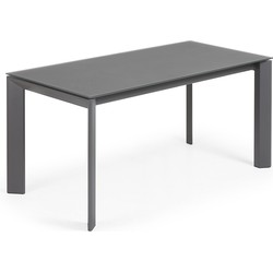 Kave Home - Axis uitschuifbare tafel in grijs glas en donkergrijze stalen poten, 160 (220) cm