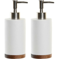 2x stuks zeeppompje/dispenser wit keramiek/acaciahout 7 x 19 cm - Zeeppompjes