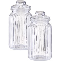 2x Glazen voorraadpotten/bewaarpotten 1,2 liter strepen relief 11 x 22 cm - Voorraadpot