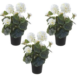 Set van 3x stuks witte geranium Pelargonium Graveolens kunstplanten in zwarte kunststof pot 35 cm - Kunstplanten