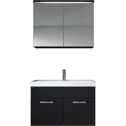 Badplaats Badkamermeubel Set Paso 02 80 x 40 cm - Zwart Hoogglans - Badmeubel met Wastafel en Spiegelkast