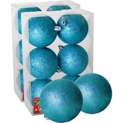 12x stuks kerstballen ijsblauw glitters kunststof 8 cm - Kerstbal