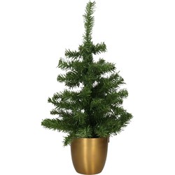 Kunst kerstboom/kunstboompje groen in gouden pot H60 cm - Kunstkerstboom