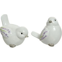 Vogels decoratie beeldjes - 2x - wit met lavendel bloemen - Tuinbeelden