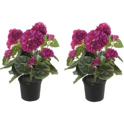 Geranium Kunstbloemen - 2 stuks - in pot - fuchsia - H35 cm - Kunstbloemen