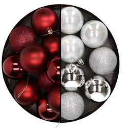 24x stuks kunststof kerstballen mix van donkerrood en zilver 6 cm - Kerstbal