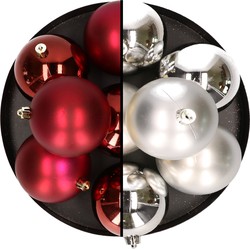 12x stuks kunststof kerstballen 8 cm mix van donkerrood en zilver - Kerstbal
