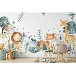 Schattige safari dieren - Kinderbehang - 389,6 cm x 280 cm - Walloha 
