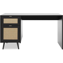 Bureau 1 Deur 1 Lade Drukwerk Riet en Zwart L130 x H74,5 cm - VILLA