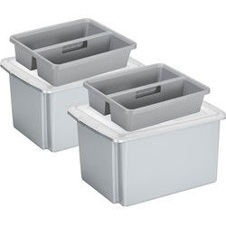 Sunware 2x opslagboxen kunststof 32 liter lichtgrijs 45 x 36 x 24 cm met deksel en organiser tray - Opbergbox