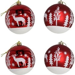 Gerimport Kerstballen - rood - 4ST - gedecoreerd - D8 cm - kunststof - Kerstbal