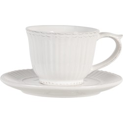 Clayre & Eef Kop en schotel  150 ml Wit Dolomiet Rond Servies