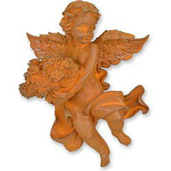 A RUSTY CAST IRON WALL MOUNT PUTTO HOLDING A FLOWER BASKET
