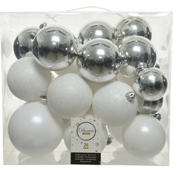 Decoris Kerstballen - 26x st - wit en zilver - 6, 8 en 10 cm - kunststof - Kerstbal