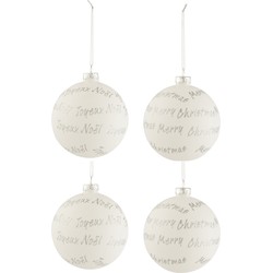 J-line - Doos Van 4 Kerstballen Xmas/noel Glas Wit/zilver Medium - 10x10x10cm