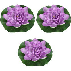 3x Paarse waterlelie kunstbloemen vijverdecoratie 26 cm - Kunstbloemen