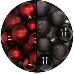 24x stuks kunststof kerstballen mix van donkerrood en zwart 6 cm - Kerstbal