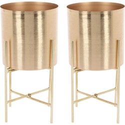 Set van 2x stuks plantenpot goud kleurig op metalen standaard - 30 cm hoogte - Plantenpotten