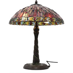 LumiLamp Tiffany Tafellamp  Ø 45x56 cm  Rood Beige Glas Driehoek Libelle Tiffany Bureaulamp