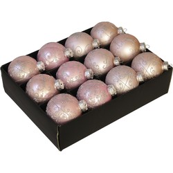 24x Luxe glazen gedecoreerde poeder roze kerstballen 7,5 cm - Kerstbal