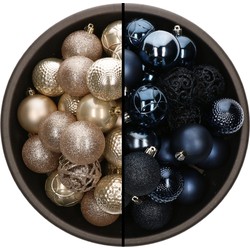 74x stuks kunststof kerstballen mix van champagne en donkerblauw 6 cm - Kerstbal