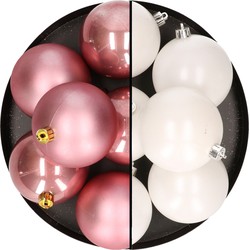 12x stuks kunststof kerstballen 8 cm mix van wit en velvet roze - Kerstbal