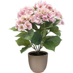 Hortensia kunstplant/kunstbloemen 40 cm - roze - in pot taupe mat - Kunstplanten
