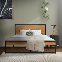 Metalen bed Bedframe met lattenbodem 140x200 cm zwart/bruin met houten hoofdbord & voeteneind ML design