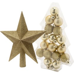 17x stuks kerstballen 3 cm inclusief ster piek goud kunststof - Kerstbal
